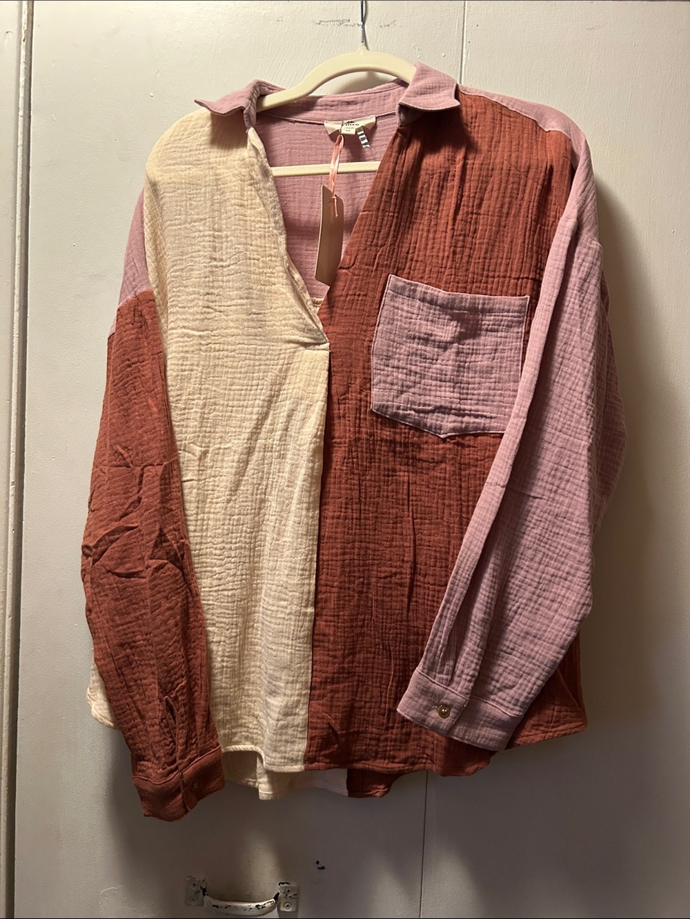 Entro Colorblock Button-Front Shirt in Rust, Pink & Cream